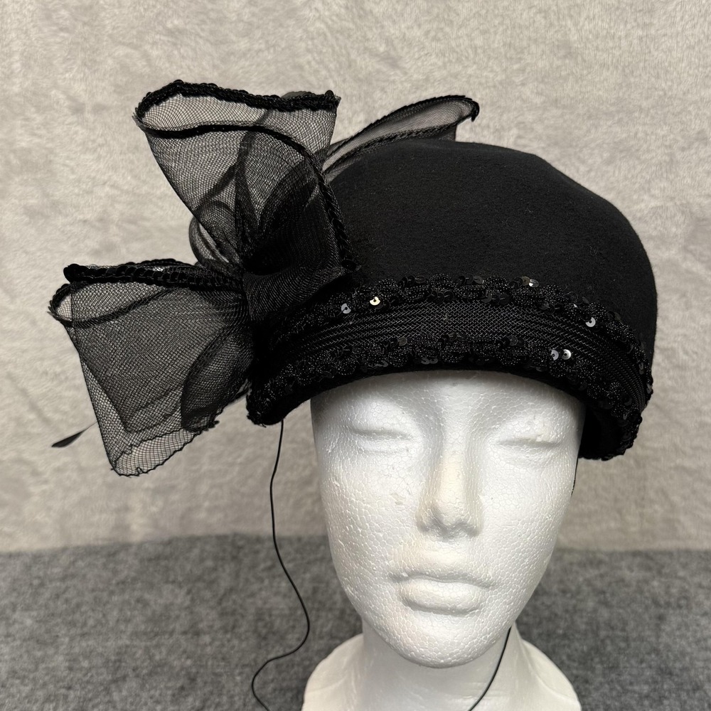 VTG Church Hat Cloche Womens Black Wool Bow Sequin Wedding Kentucky Derby‎ USA
